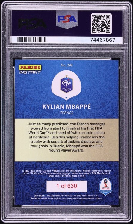 2018 Panini Instant World Cup Kylian Mbappe ROOKIE /630 #298 PSA 9 MINT - Photo 2