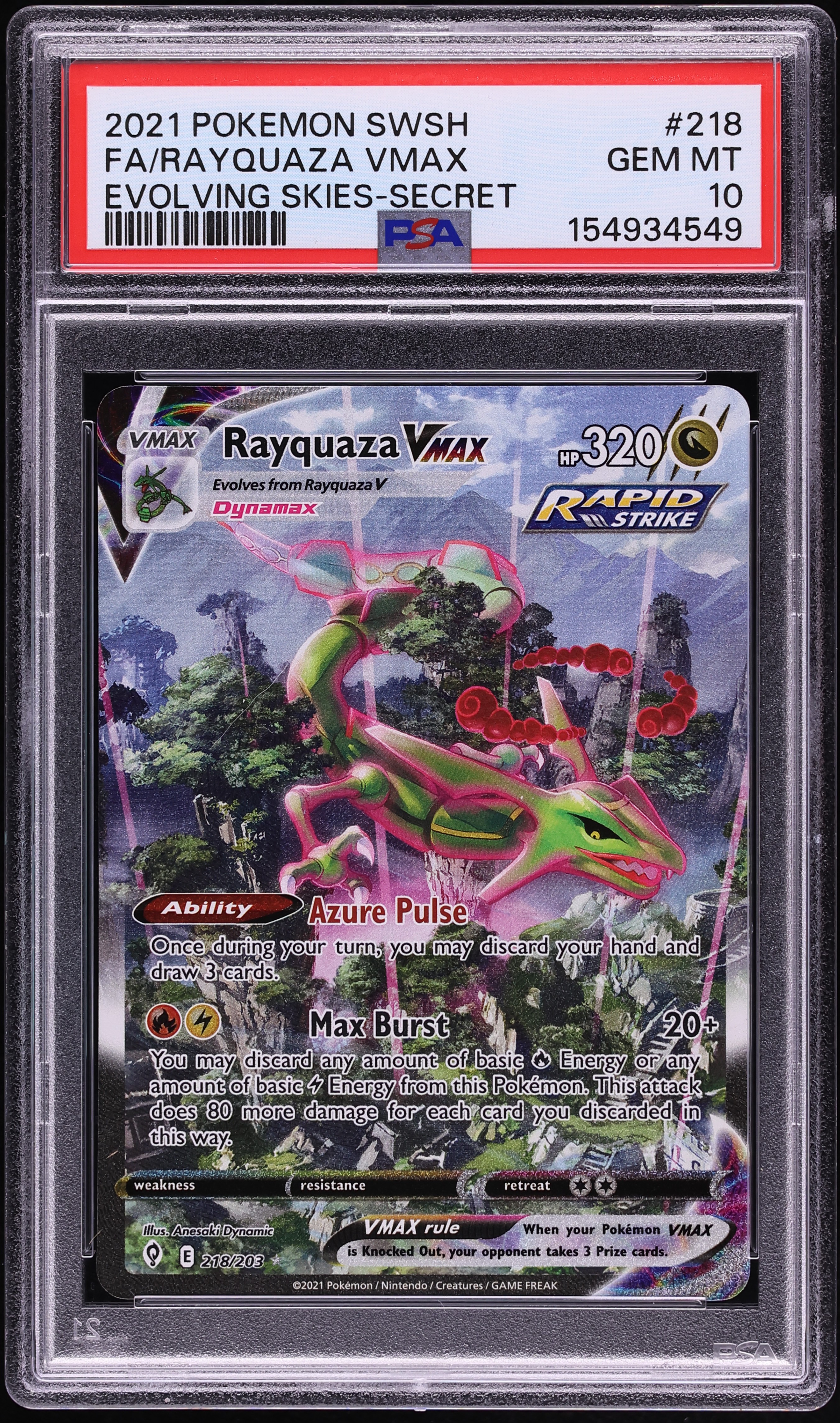 2021 Pokemon Sword & Shield Evolving Skies Alt Art Rayquaza VMAX #218 PSA 10 GEM MINT
