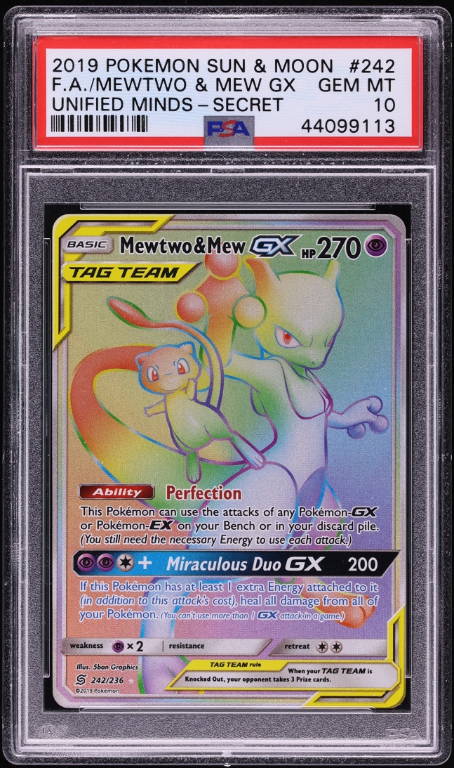 2019 Pokemon Sun & Moon Unified Minds Rainbow Rare Mewtwo & Mew GX #242 PSA 10 GEM MINT