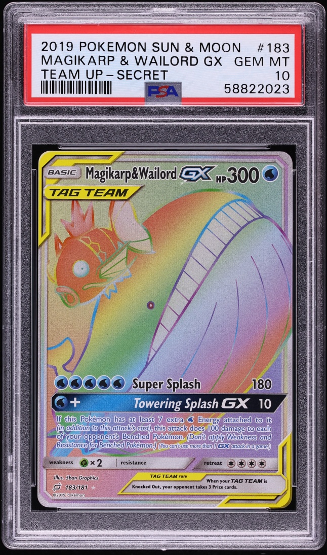 2019 Pokemon Sun & Moon Team Up Rainbow Rare Magikarp & Wailord GX #183 PSA 10 GEM MINT