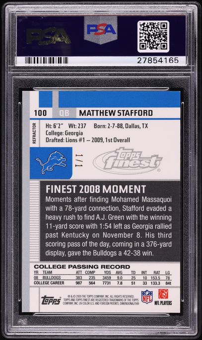 2009 Finest Xfractor Matthew Stafford ROOKIE 1/1 #100 PSA 10 GEM MINT