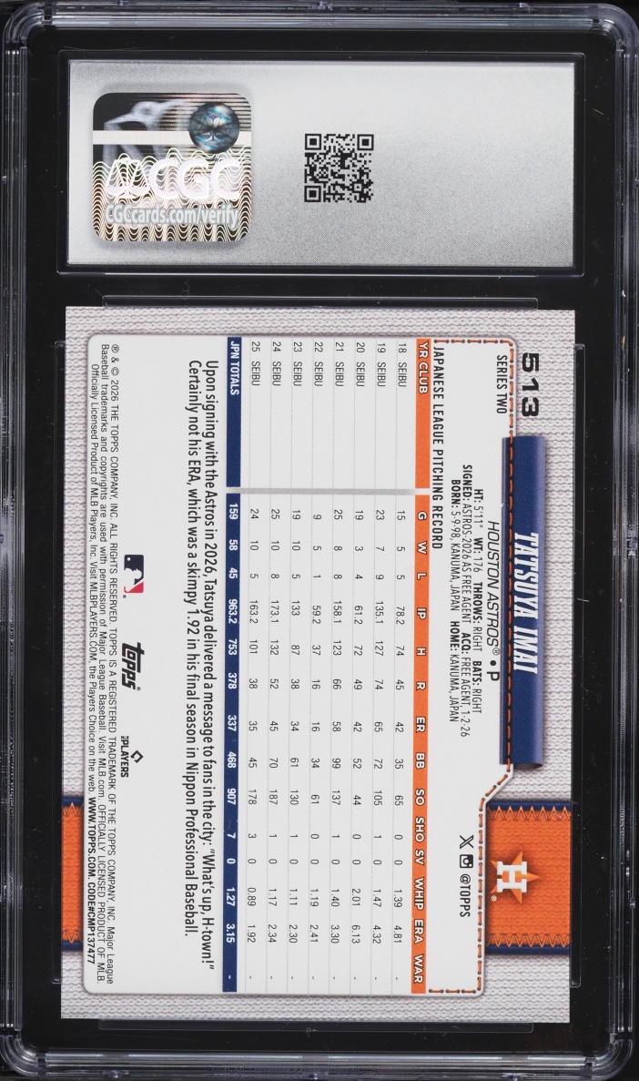 2026 Topps Tatsuya Imai ROOKIE #513 CGC 10 GEM MINT