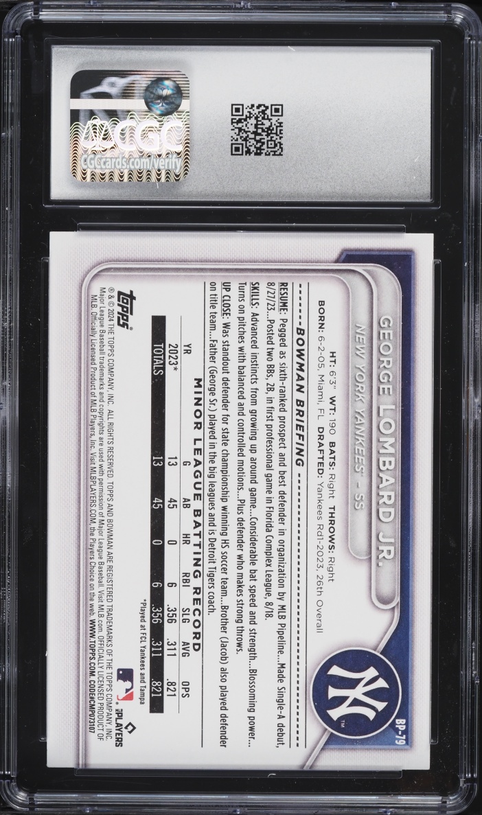 2024 Bowman George Lombard Jr. PROSPECT #BP-79 CGC 10 GEM MINT