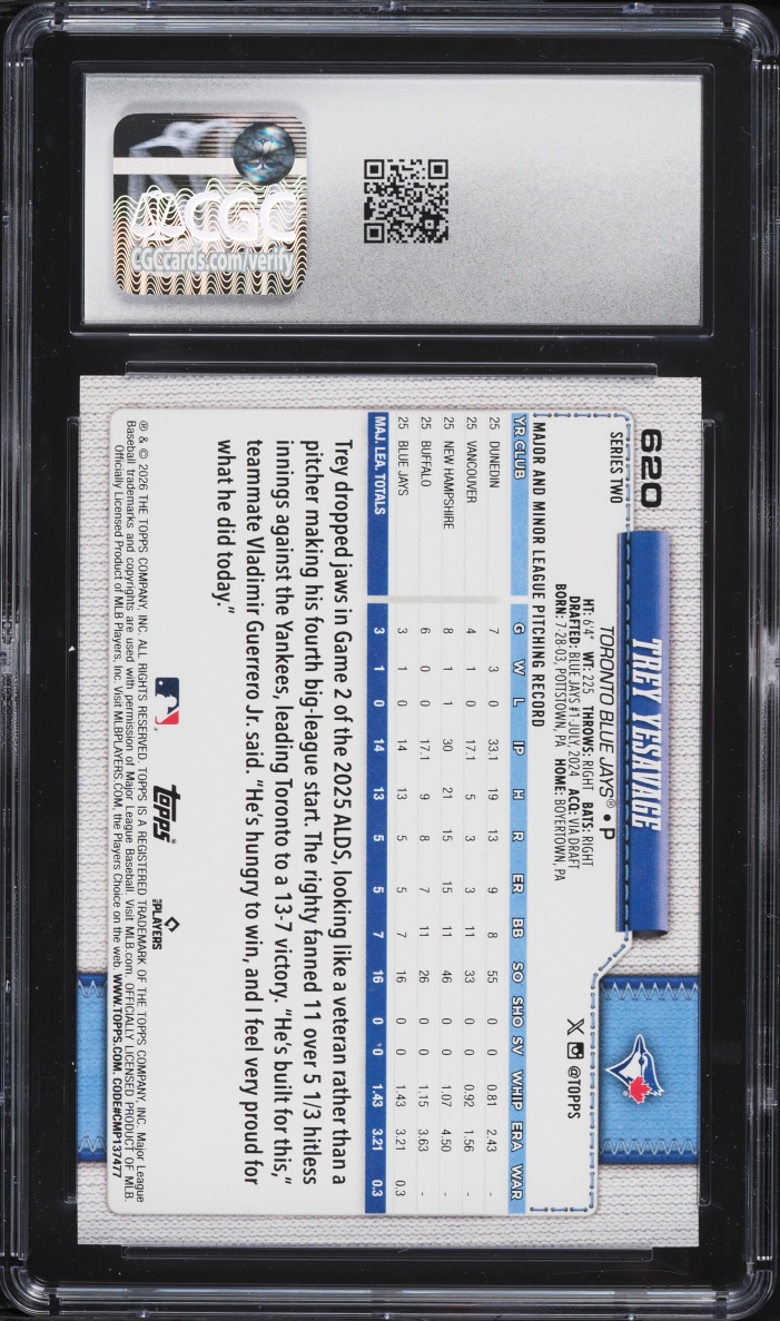 2026 Topps Trey Yesavage ROOKIE #620 CGC 10 GEM MINT