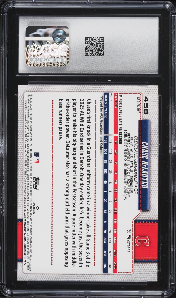 2026 Topps Chase DeLauter ROOKIE #458 CGC 10 GEM MINT