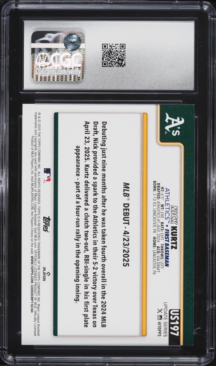 2025 Topps Update Nick Kurtz ROOKIE #US197 CGC 10 GEM MINT