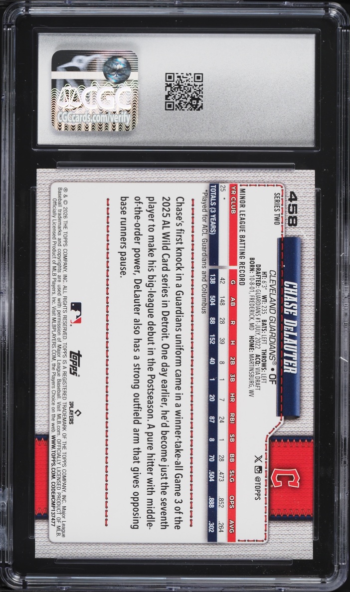 2026 Topps Chase DeLauter ROOKIE #458 CGC 10 GEM MINT