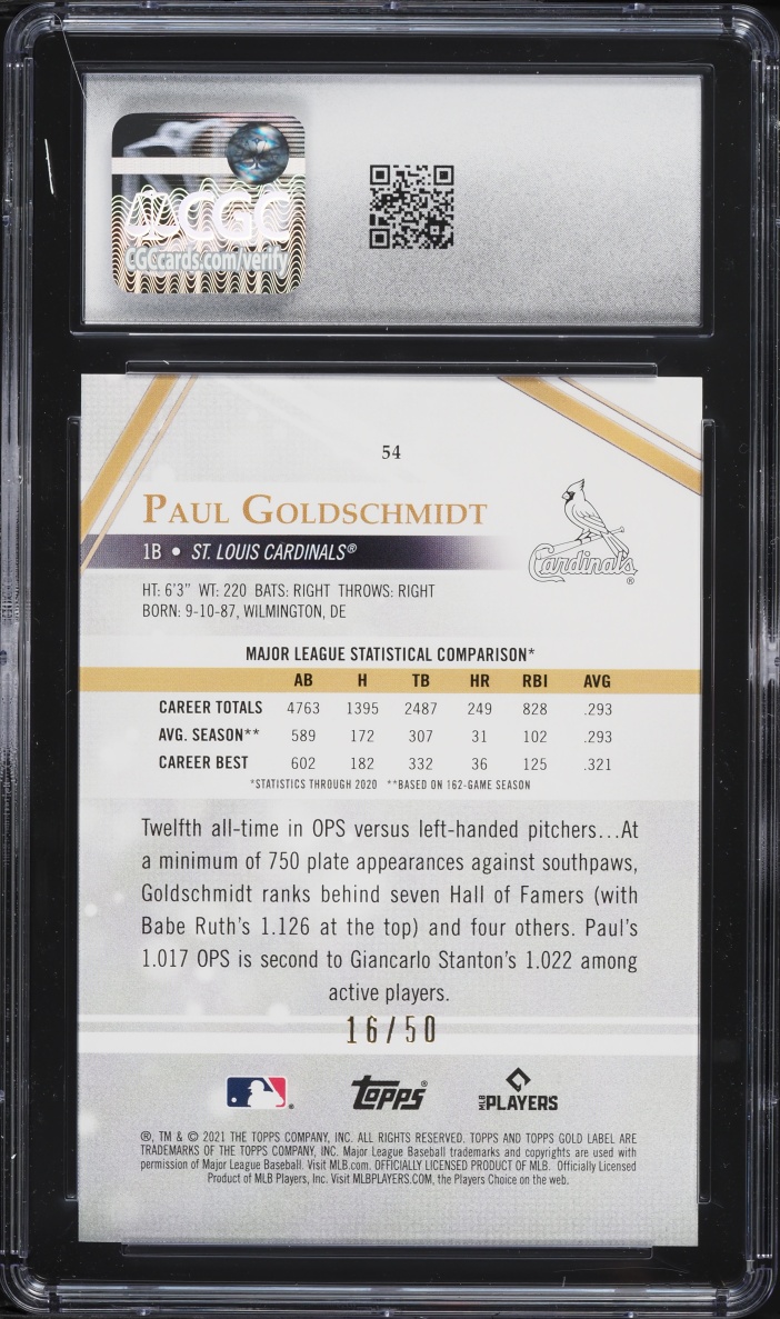 2021 Topps Gold Label Class 3 Blue Paul Goldschmidt /50 #54 CGC 10 GEM MINT