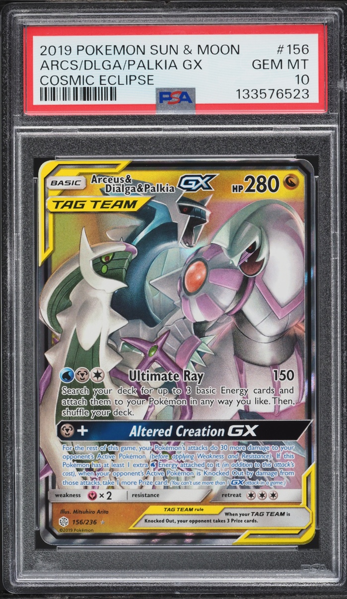 2019 Pokemon Sun & Moon Cosmic Eclipse Full Art Arceus Dialga Palkia GX #156 PSA 10 GEM MINT