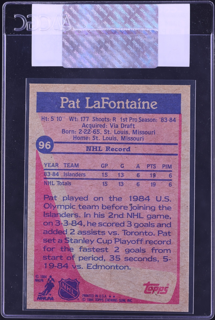 1984 Topps Hockey Pat LaFontaine ROOKIE #96 CGC AUTH