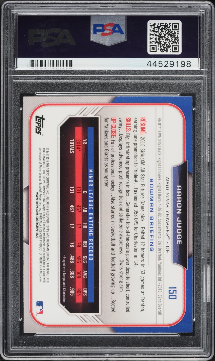 2015 Bowman Chrome Draft Aaron Judge PROSPECT #150 PSA 10 GEM MINT