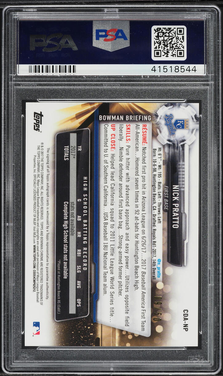2017 Bowman Chrome Draft Gold Refractor Nick Pratto PROSPECT AUTO /50 PSA 10