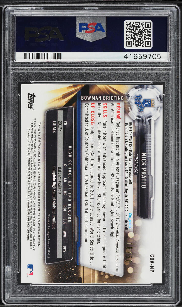 2017 Bowman Chrome Draft Gold Refractor Nick Pratto PROSPECT AUTO /50 PSA 10