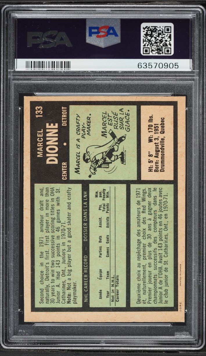 1971 O-Pee-Chee Hockey Marcel Dionne ROOKIE #133 PSA 6 EXMT