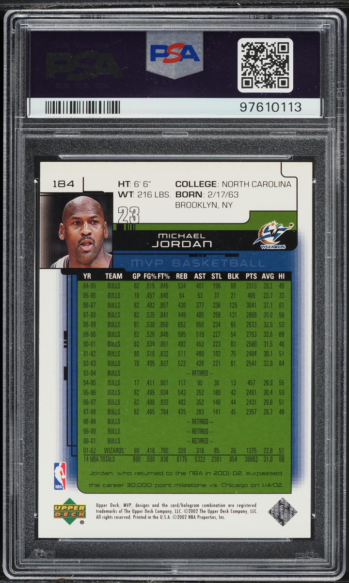 2002 Upper Deck MVP Classic Black Michael Jordan /50 #184 PSA 7.5 NRMT+