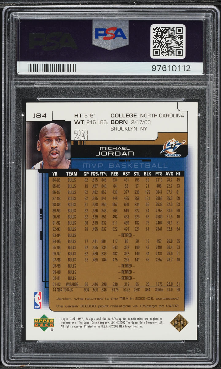 2002 Upper Deck MVP Gold Michael Jordan /100 #184 PSA 10 GEM MINT