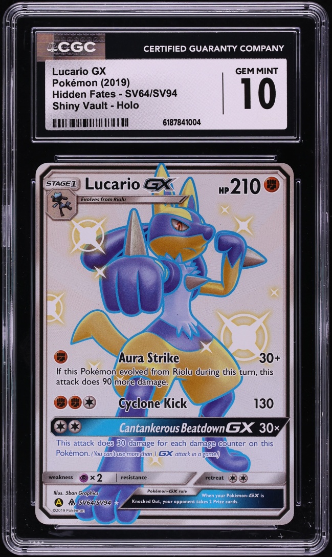 2019 Pokemon Sun & Moon Hidden Fates Shiny Vault Full Art Shiny Lucario GX #SV64 CGC 10 GEM