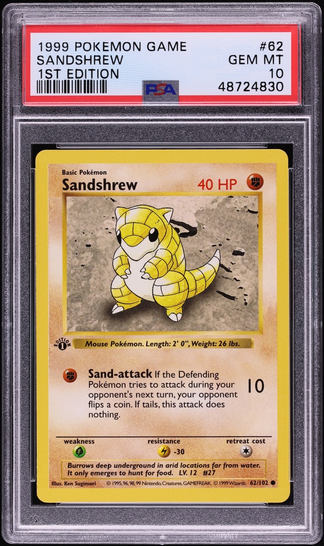 1999 Pokemon Base Set Shadowless 1st Edition Sandshrew #62 PSA 10 GEM MINT