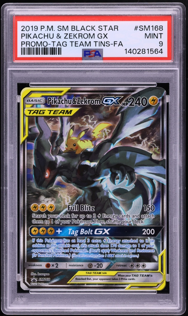 2019 Pokemon Sun & Moon Promo Tag Team Tins Full Art Pikachu & Zekrom GX #SM168 PSA 9 MINT