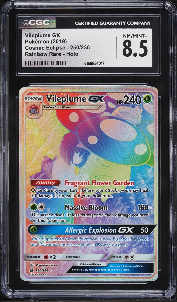 2019 Pokemon Sun & Moon Cosmic Eclipse Rainbow Rare Vileplume GX #250 CGC 8.5 NM-MT+