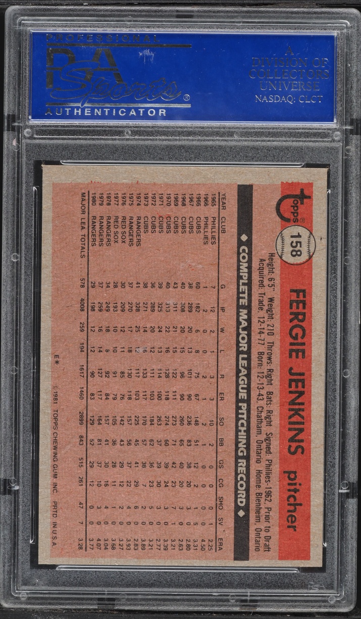 1981 Topps Fergie Jenkins #158 PSA 8 NM-MT