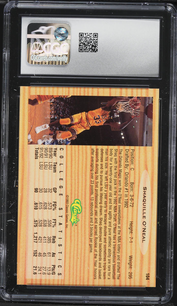 1993 Classic Draft Picks Shaquille O'Neal ROOKIE #104 CGC 9.5 MINT+