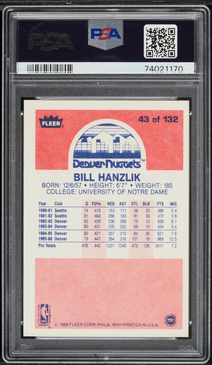 1986 Fleer Basketball Bill Hanzlik #43 PSA 6 EXMT
