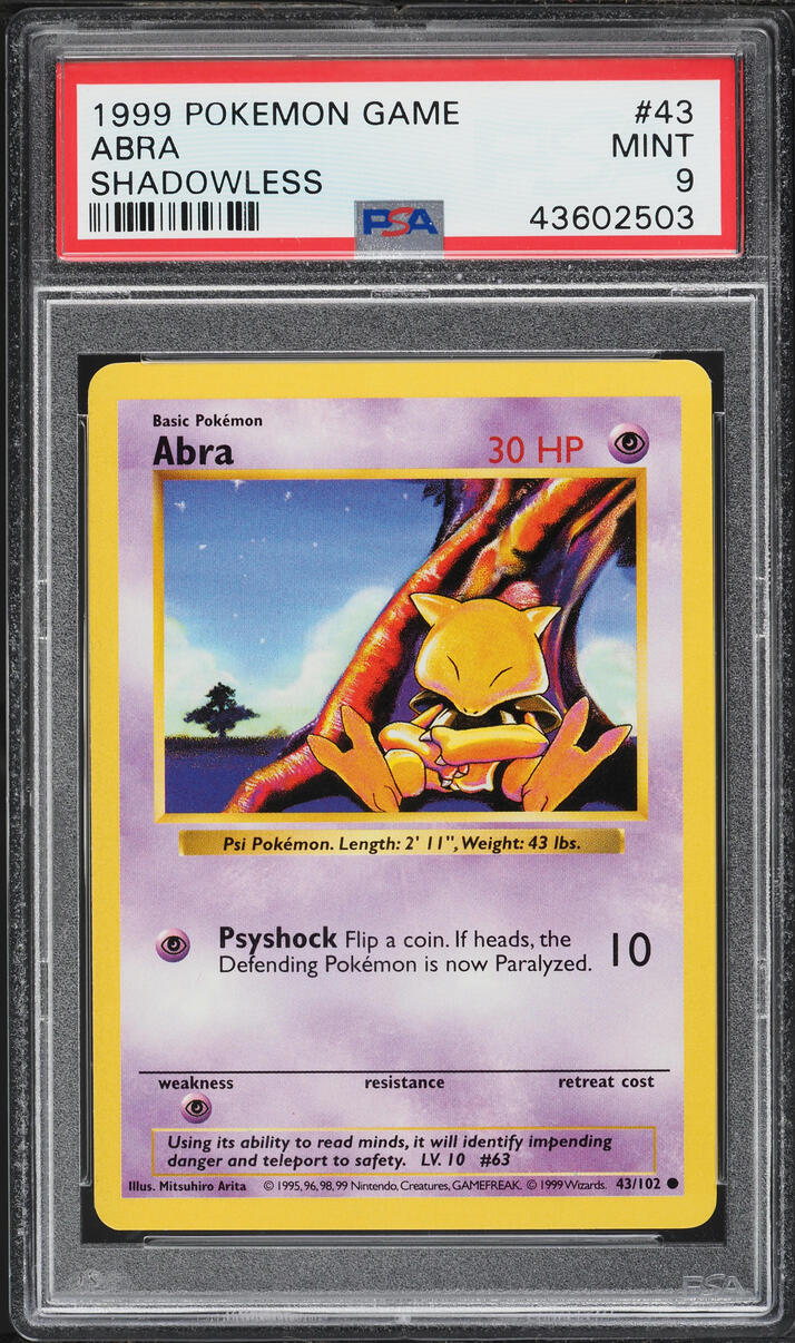 1999 Pokemon Base Set Shadowless Abra #43 PSA 9 MINT