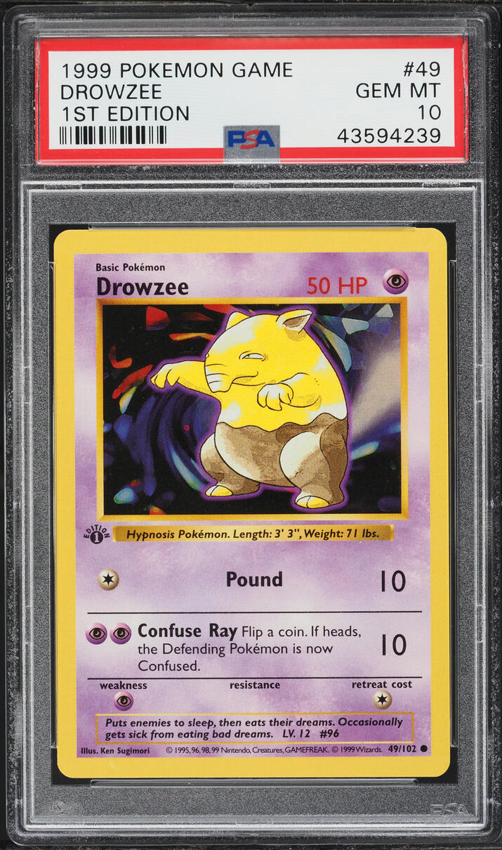 1999 Pokemon Base Set Shadowless 1st Edition Drowzee #49 PSA 10 GEM MINT