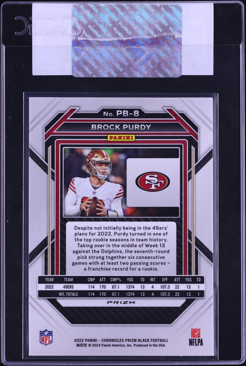 2022 Panini Chronicles Prizm Black Silver Brock Purdy ROOKIE #PB-8 CGC AUTH
