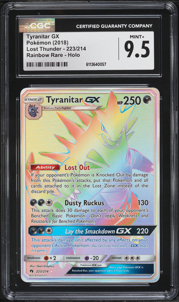 2018 Pokemon Sun & Moon Lost Thunder Rainbow Rare Tyranitar GX #223 CGC 9.5 MINT+