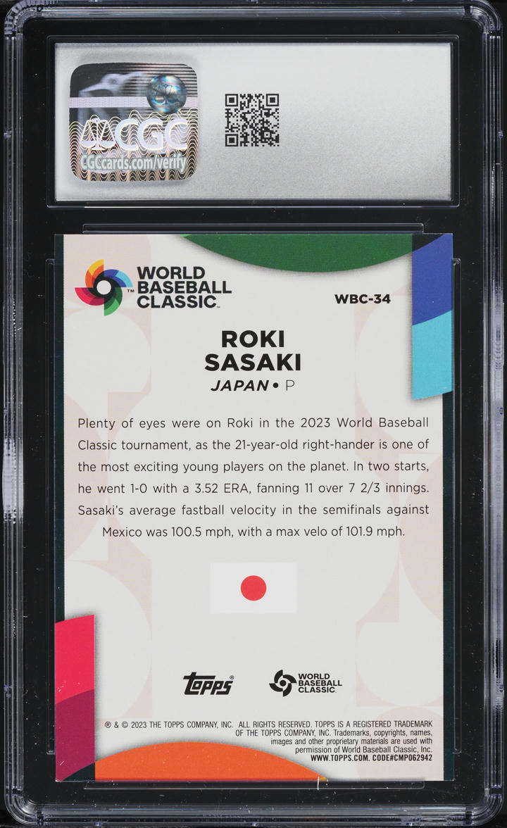 2023 Topps '23 WBC Stars Roki Sasaki PROSPECT #WBC-34 CGC 8.5 NM-MT+