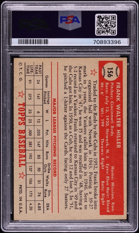 1952 Topps Frank Hiller #156 PSA 4 VGEX