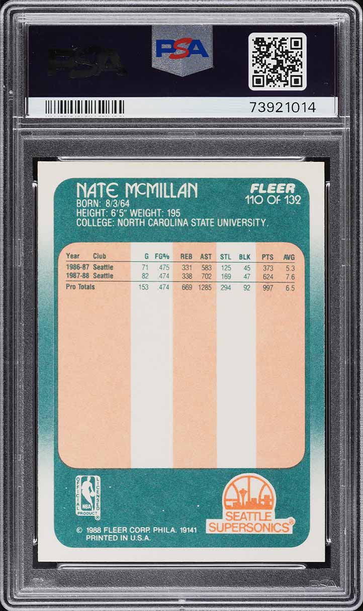 1988 Fleer Basketball Nate McMillan #110 PSA 10 GEM MINT