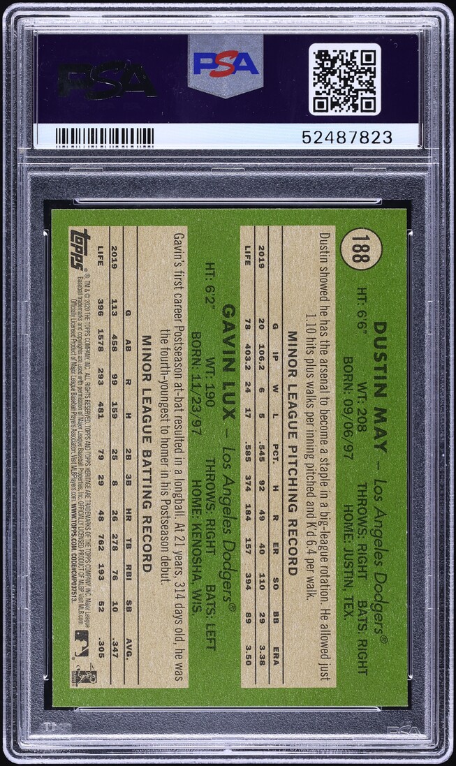 2020 Topps Heritage Dustin May & Gavin Lux ROOKIE #188 PSA 10 GEM MINT
