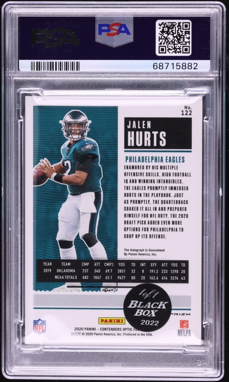 2020 Panini Contenders Optic Black Box Cracked Ice Jalen Hurts RC AUTO 1/1 #122 PSA 9