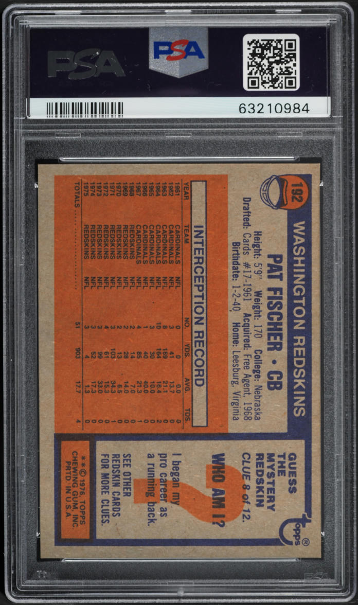 1976 Topps Football Pat Fischer #192 PSA 10 GEM MINT