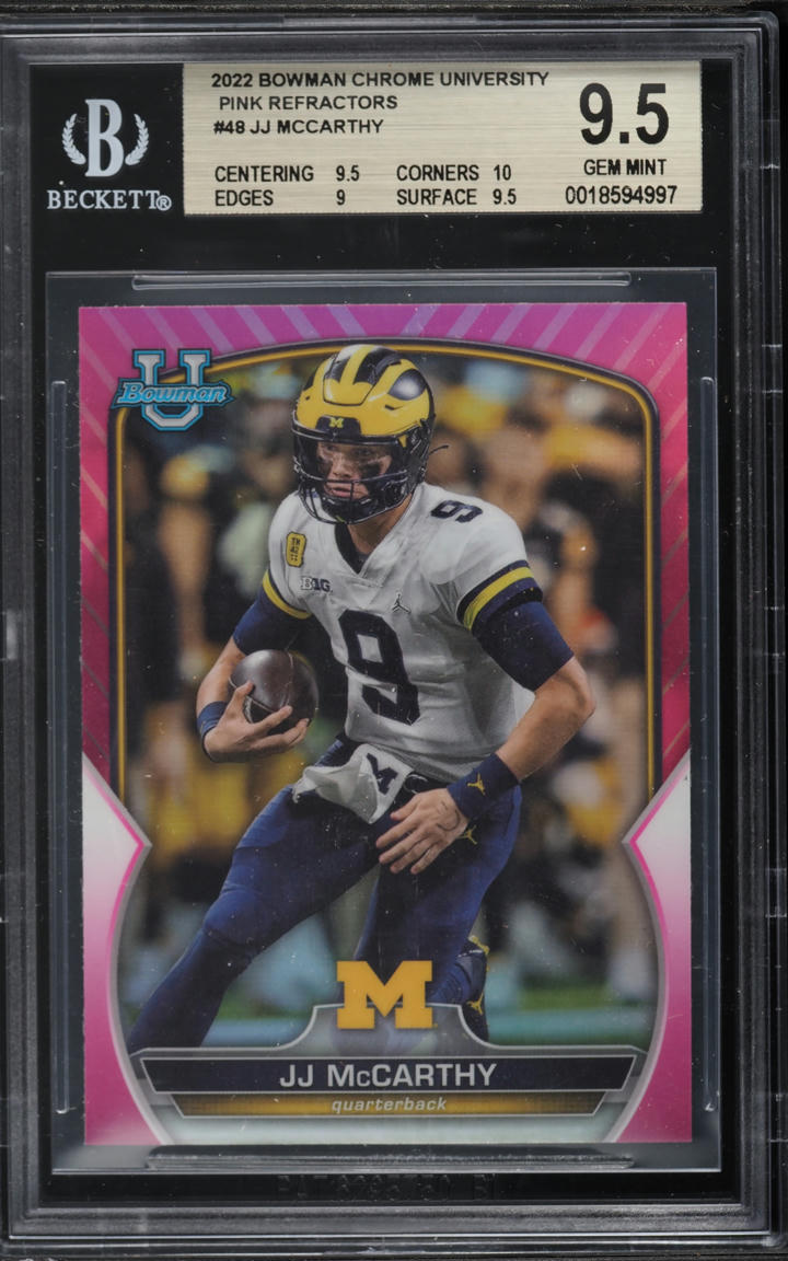 2022 Bowman Chrome University Pink Refractor JJ McCarthy ROOKIE #48 BGS 9.5 GEM MINT