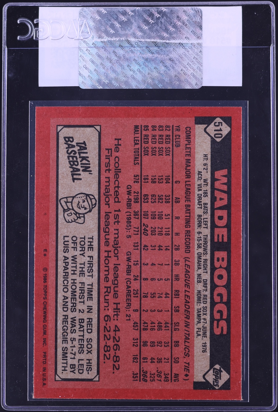 1986 Topps Wade Boggs #510 CGC AUTH