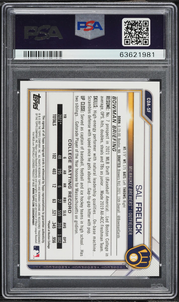 2021 Bowman Chrome Draft Orange Refractor Sal Frelick PROSPECT AUTO /25 #CDA-SF PSA 10 GEM MINT