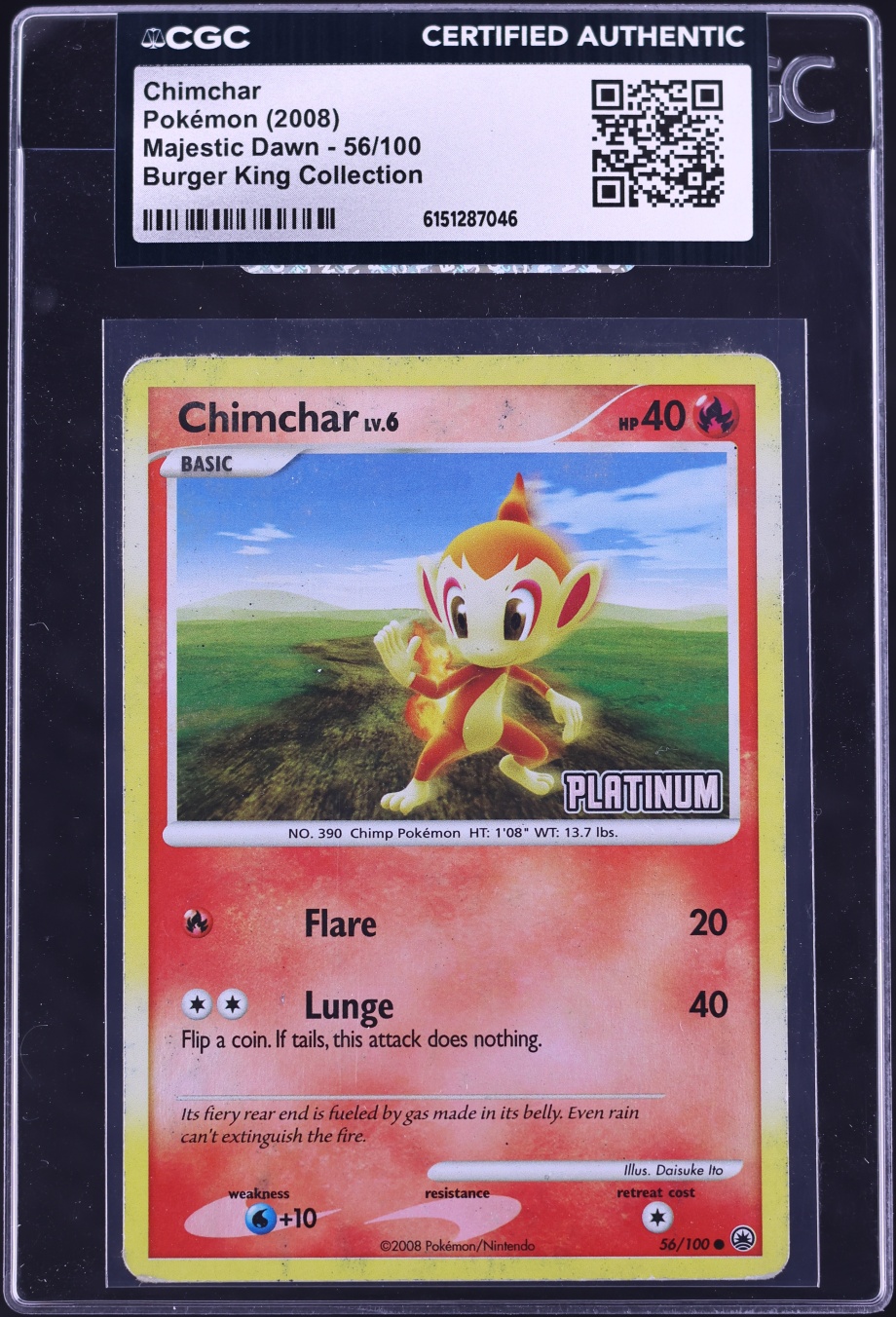 2008 Pokemon Majestic Dawn Burger King Collection Chimchar #56 CGC AUTH