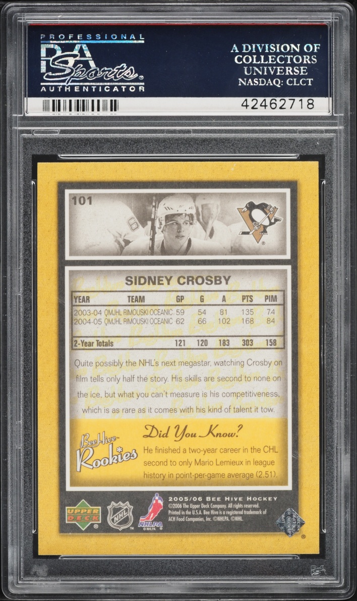 2005 Upper Deck Bee Hive Sidney Crosby ROOKIE #101 PSA 10 GEM MINT