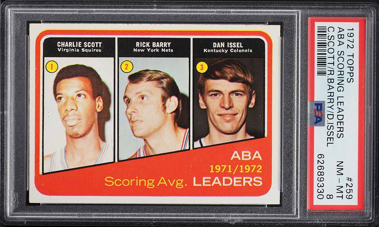 1972 Topps Basketball Rick Barry Charlie Scott Issel ABA SCORING LDRS #259 PSA 8