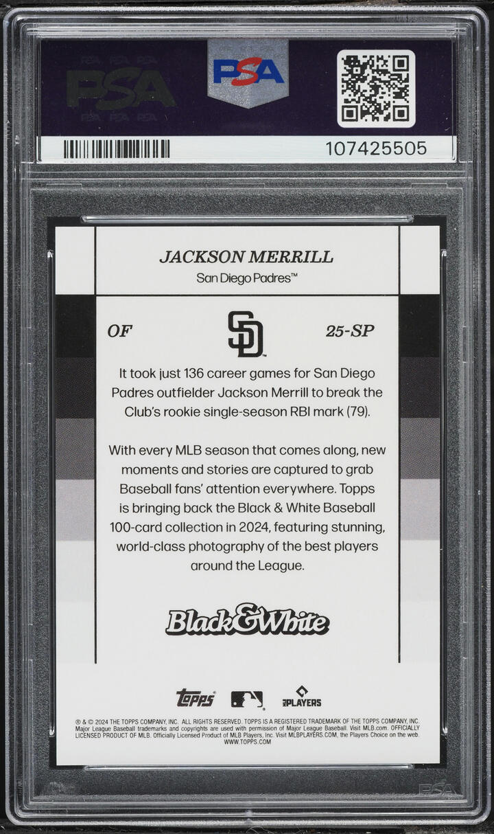 2024 Topps Black & White Variation Jackson Merrill SP ROOKIE #25-SP PSA 10 GEM MINT