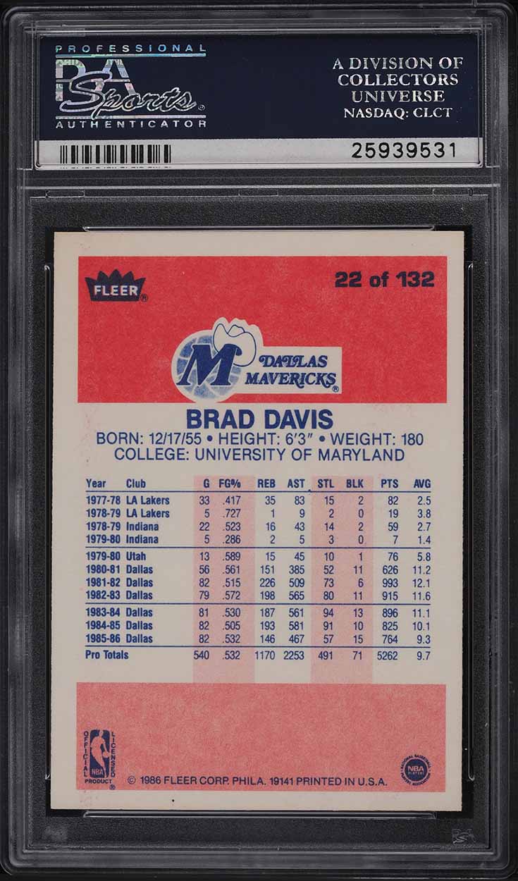 1986 Fleer Basketball Brad Davis #22 PSA 9 MINT