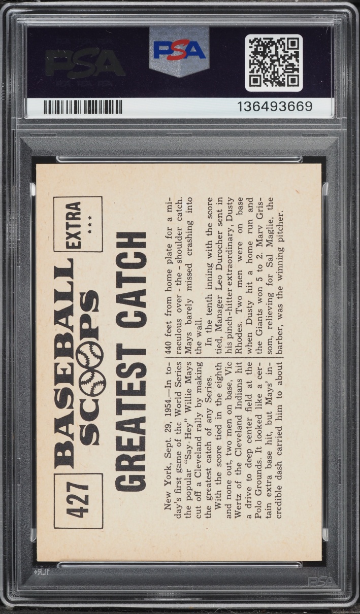 1961 Nu-Card Scoops Willie Mays MAKES GREATEST CATCH #427 PSA 6 EXMT