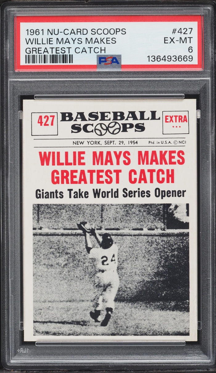 1961 Nu-Card Scoops Willie Mays MAKES GREATEST CATCH #427 PSA 6 EXMT