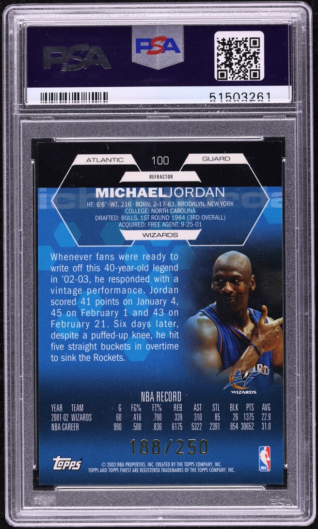2002 Finest Refractor Michael Jordan /250 #100 PSA 10 GEM MINT