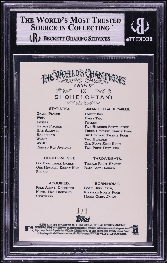 2018 Topps Allen & Ginter Glossy Shohei Ohtani ROOKIE 1/1 #100 BGS 8.5 NM-MT+