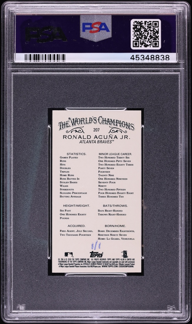 2018 Topps Allen & Ginter Mini Glossy Ronald Acuna Jr. ROOKIE 1/1 #207 PSA 9 MINT
